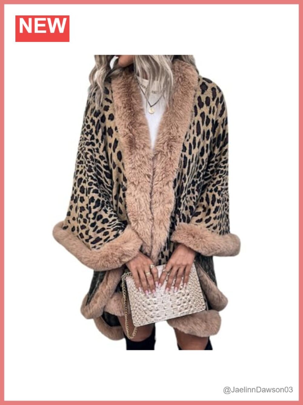 Leopard Print Shawl Wrap Fur Collar Open Front Knitted Poncho Oversized Warm